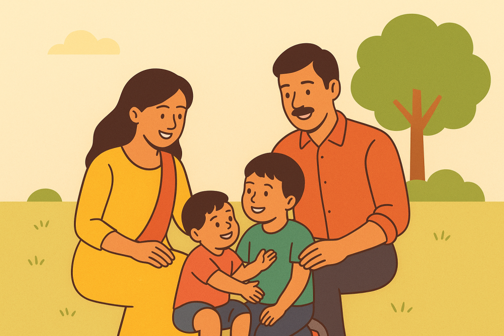 Baby reaching out to older sibling who smiles proudly, representing strong emotional connection in families with wide sibling spacing.”