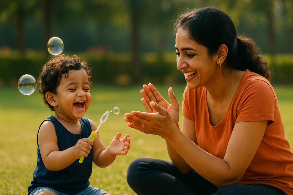 Indian parent watching child play joyfully, showing lesson about curiosity and living in the moment.