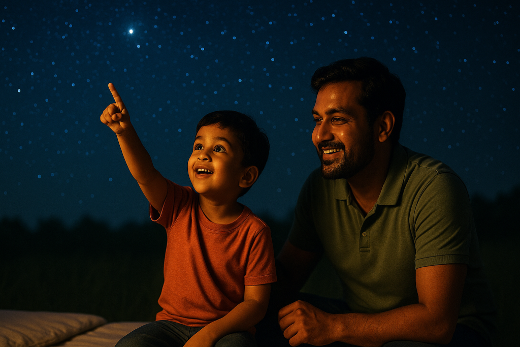 Indian parent watching child play joyfully, showing lesson about curiosity and living in the moment.