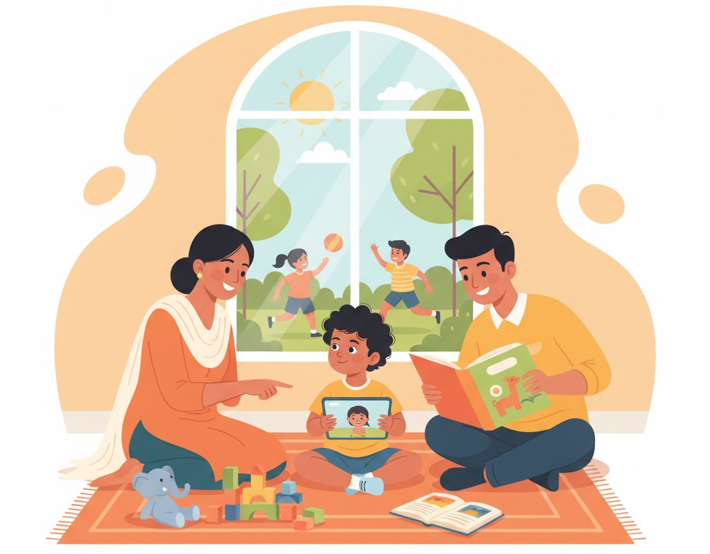 Indian parents playing blocks and reading books with their child, creating a warm and nurturing environment with zero screens visible.