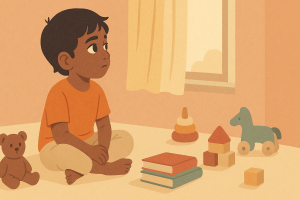 Indian child sitting quietly on a bed, daydreaming and discovering the benefits of boredom.