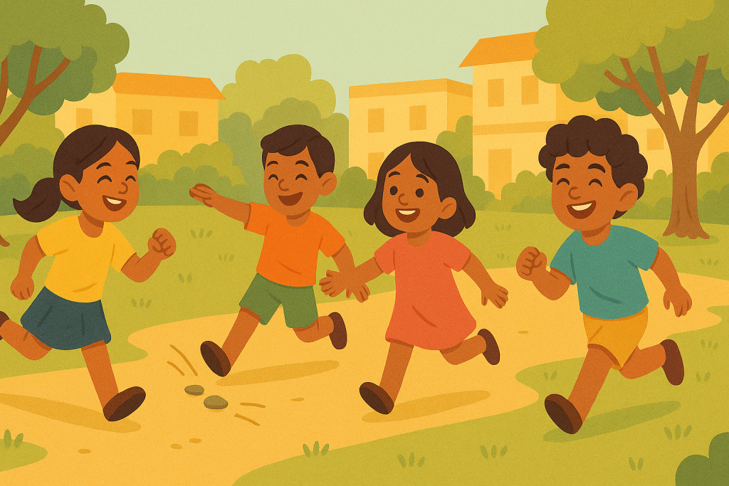 Group of Indian children playing outdoors without any planned activity.