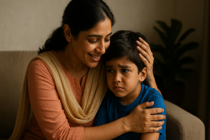 Indian parent comforting child who looks scared, showing love and support