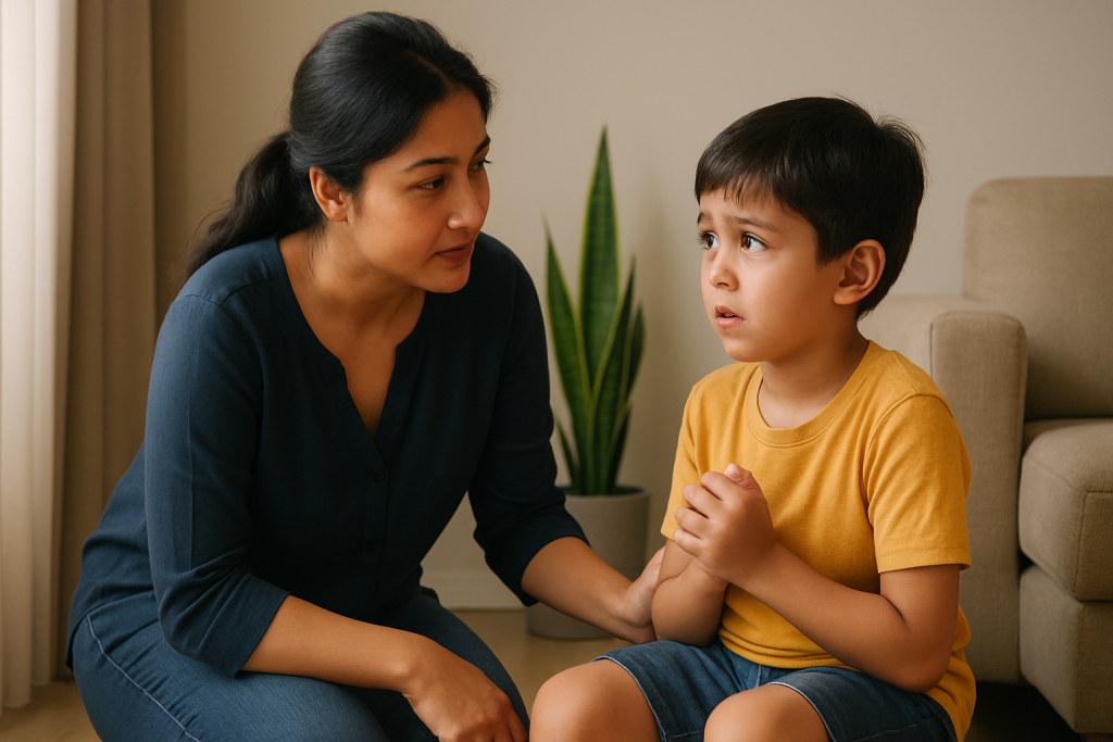 Parent kneeling beside child, listening calmly as the child expresses fear.