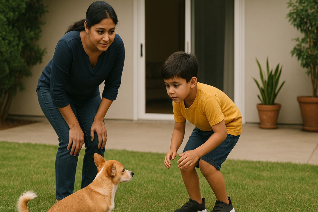 Child slowly approaching a small dog with a supportive parent nearby
