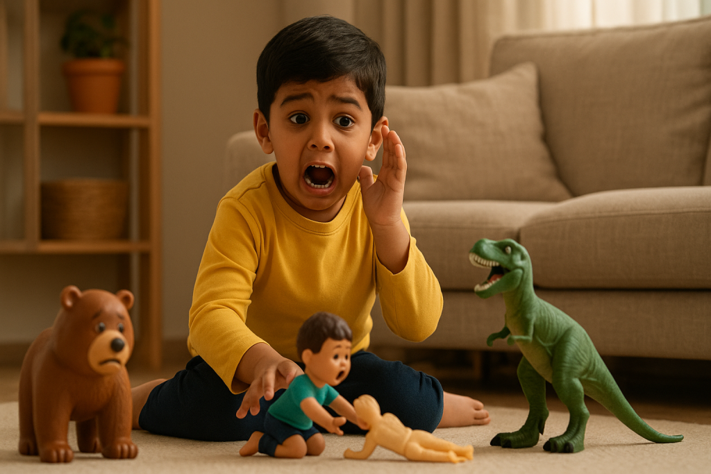 Child playing with toys and acting out fear scenarios in a fun way.