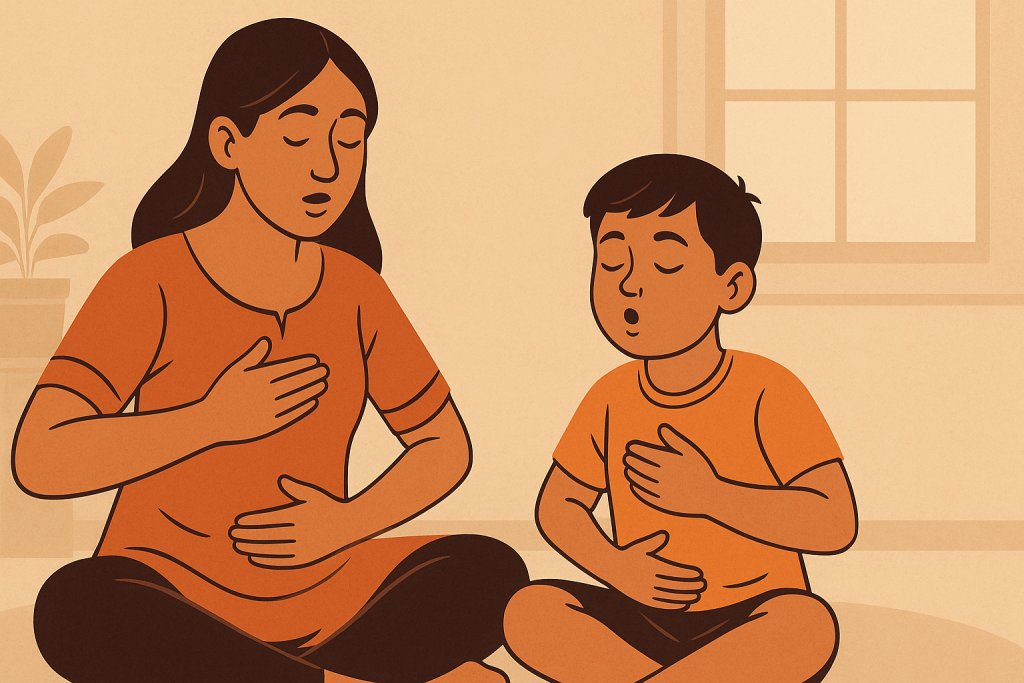 Parent teaching child deep breathing exercises to calm fear.
