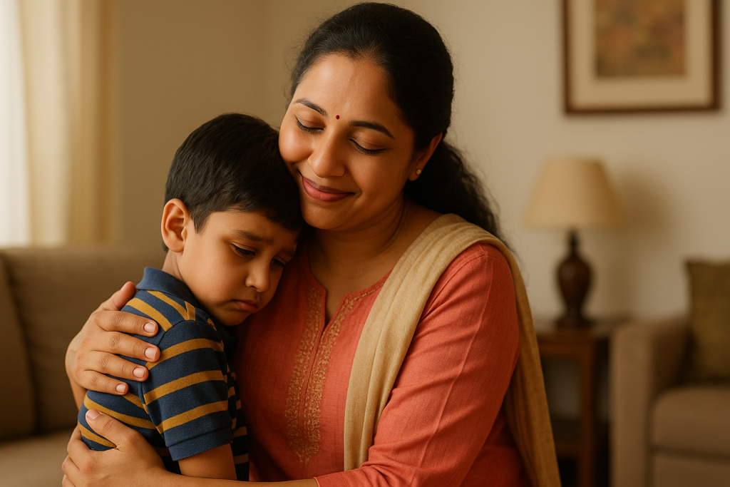 Indian mother hugging her shy child, showing warmth and reassurance.