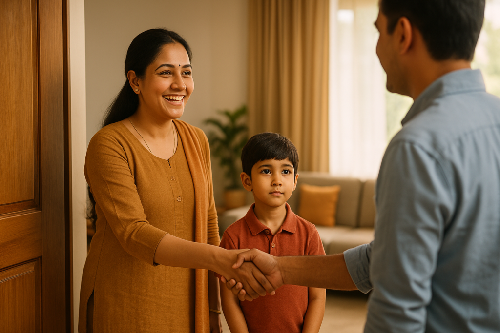 Parent greeting someone confidently while child observes and learns.