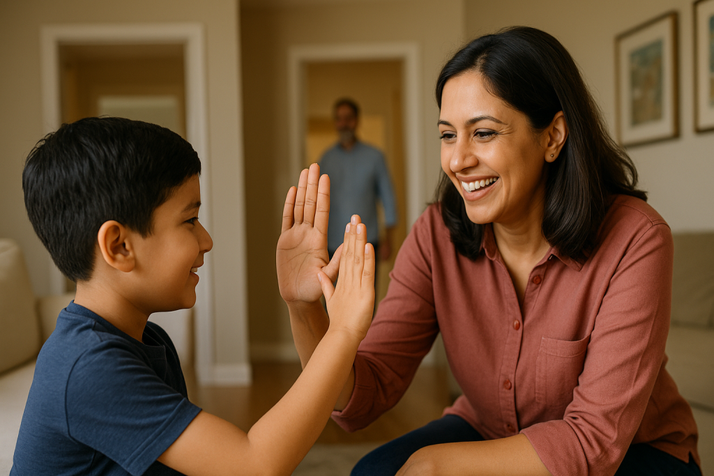 Parent high-fiving child after they talk to a new person.