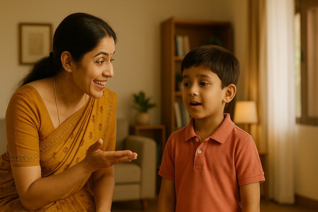 Indian parent encouraging a shy child to speak confidently in a warm home setting.