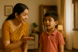 Indian parent encouraging a shy child to speak confidently in a warm home setting.