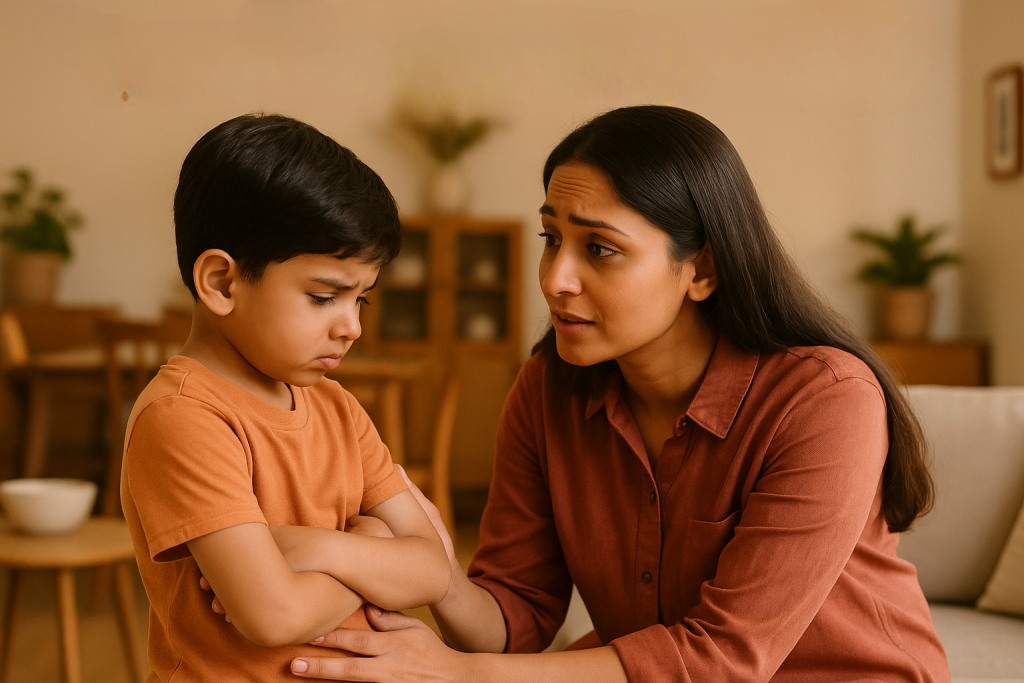 Parent gently talking to a child who looks hesitant, promoting understanding instead of labeling.