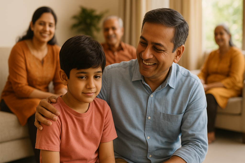 Shy child sitting comfortably with a parent during a relaxed family gathering.