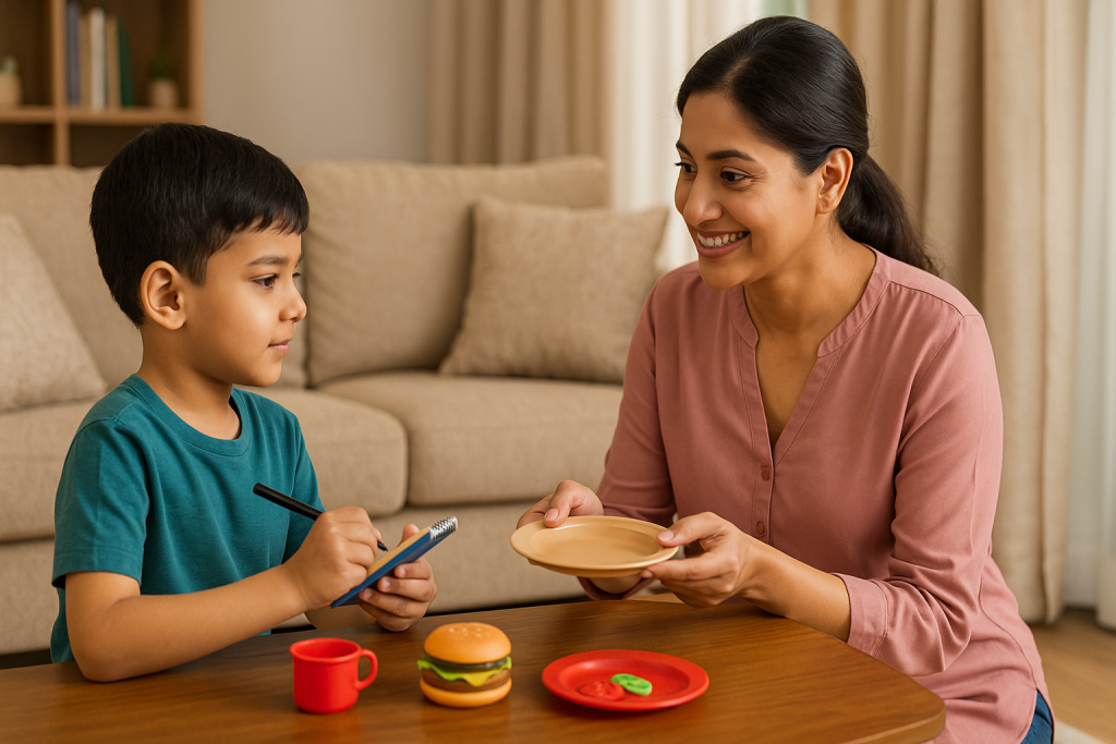Child and parent playing pretend restaurant or school to practice communication.