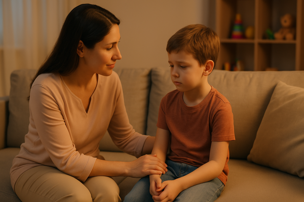 Parent and child talking calmly after a swearing incident