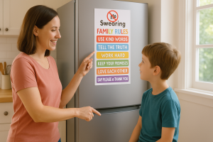 Mom pointing to a family rules chart on the fridge about swearing