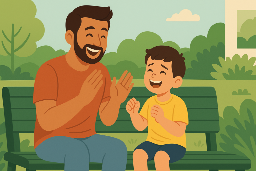 Dad laughing and guiding his child to use kind words