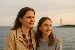 A mother and daughter standing by the seaside at golden hour with a lighthouse in the background, symbolizing Lighthouse Parenting guidance and support.
